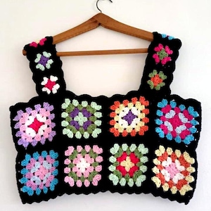 Crochet Crop Top, Granny Square Top, Handmade Top, Multicolored Patchwork Top, Crocheted Cotton Blouse, Hand-Knit Top, Summer Crop Top