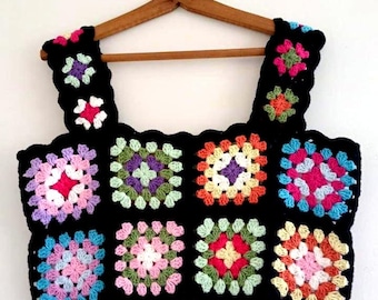 Handmade Crochet Granny Square Crop Top: Colorful Patchwork Cotton Blouse