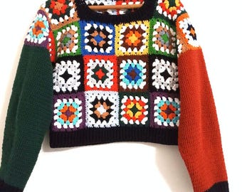 Handmade Crochet Granny Square Sweater: Colorful Patchwork Pullover