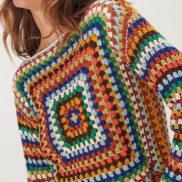 Crochet Pullover Sweater, Granny Square Colorful Sweater, Unisex Sweater, Patchwork Sweater, Handmade Granny Square Pullover, Women Sweater