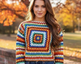 Colorful Granny Square Crochet Sweater: Handmade Boho Knit Top