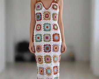 Crochet Granny Square Dress: Handmade Cotton Maxi Hippie Dress