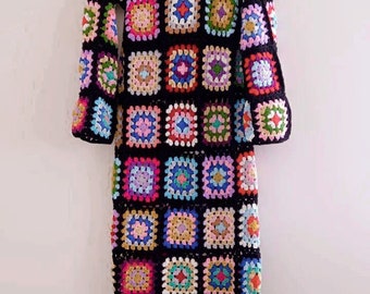 Crochet Grandma Square Dress: Handgemachtes Buntes Boho Maxi Kleid