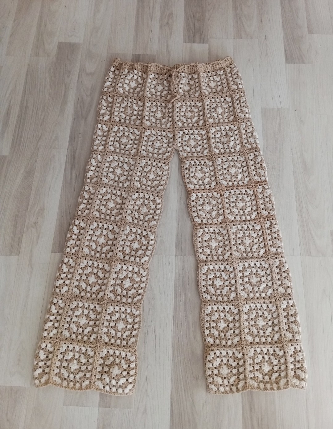 Vintage High Waist Wide Leg Granny Square Crochet Hand Knit Pants