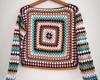 Kleurrijke oma vierkante gehaakte trui: handgemaakte Y2K boho-gebreide top