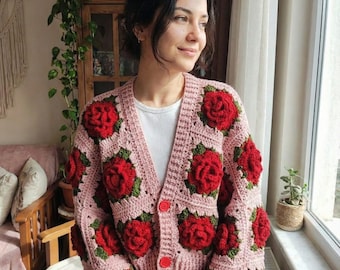 Handmade Crochet Rose Cardigan, Pink Cropped Knitted Sweater - Etsy