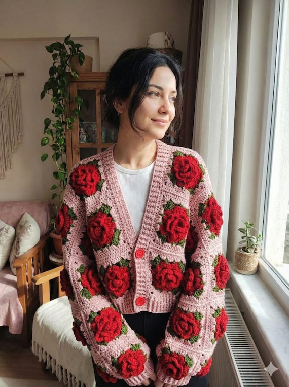 Handmade Crochet Rose Cardigan, Pink Cropped Knitted Sweater - Etsy