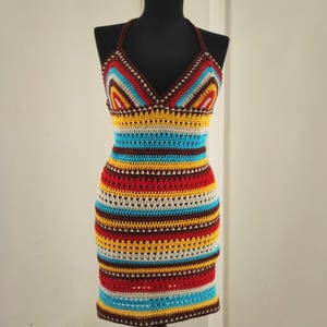 Handmade Crochet Mini Dress: Striped Colorful Cotton Summer Dress
