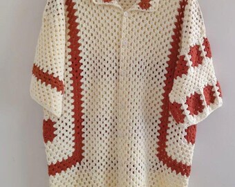Hand Knit Crochet Shirt, Vintage Shirt Unisex Shirt ,crochet