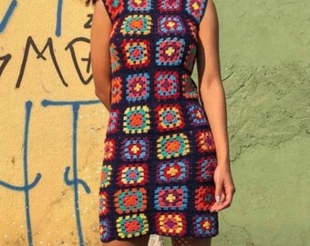 Black Crochet Dress, Granny Square Colorful Dress, Handmade Granny Square Dress, Crochet Mini Dress, Festival Boho Dress, Women Dress