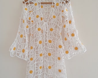 Handgemachte Häkelarbeit Daisy Kleid: Boho Festival Baumwolle Mini Kleid