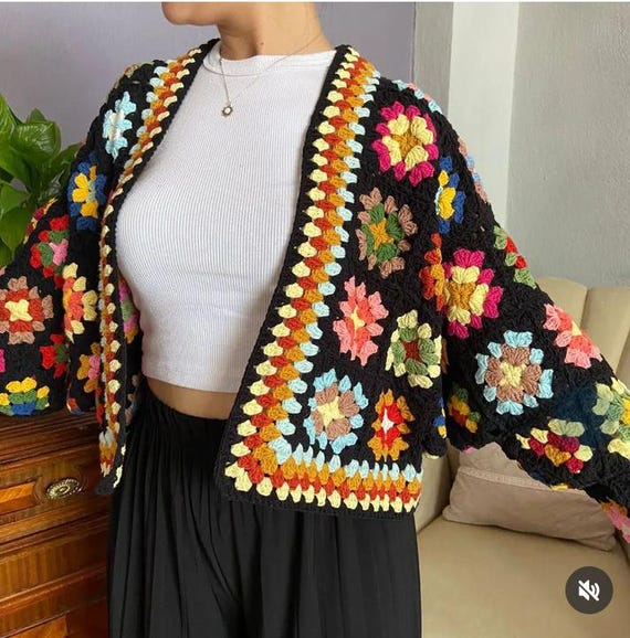 Handmade Crochet Granny Square Cardigan: Colorful Bohemian