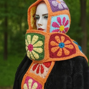 Colorful Crochet Balaclava Scarf, Granny Square Hooded Shawl, Floral Scoodie, Handmade Winter Hood, Funky Boho Festival Accessory