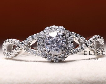 Engagement Moissanite Ring, 1.25 Ct Round Moissanite, Wedding Twisted Halo Ring, 14K White Gold Plated, Rings For Women, Anniversary Gifts