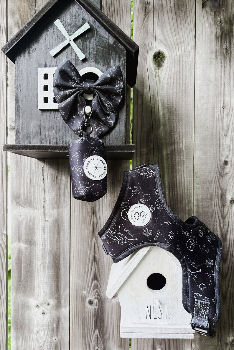 May include: A set of black dog accessories, including a bow, harness, and waste bag dispenser. The items are decorated with a white pattern of bones, spiderwebs, and other spooky designs. The waste bag dispenser has the text "DOODLES CLOUD DOODLES".
