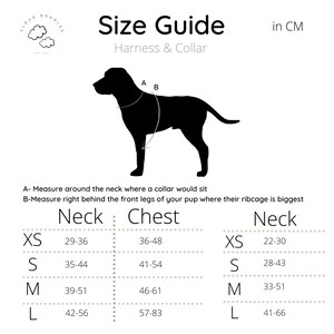 May include: A dog harness and collar size guide, showing a black dog silhouette with measurement points A and B. The guide provides neck and chest measurements in cm for sizes XS to L, with a 'Size Guide' header.