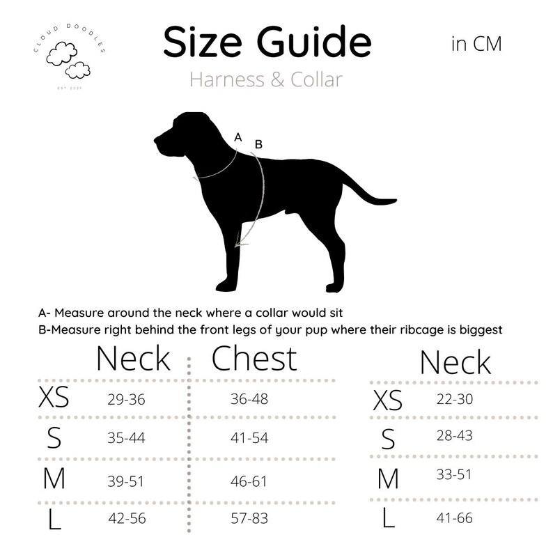 May include: A dog harness and collar size guide, showing a black dog silhouette with measurement points A and B. The guide provides neck and chest measurements in cm for sizes XS to L, with a 'Size Guide' header.