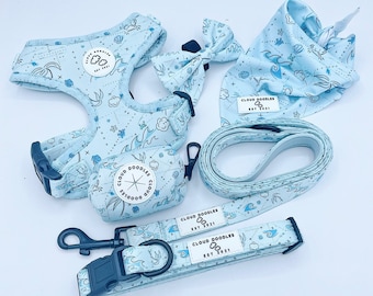 Può includere: Un'imbracatura, un guinzaglio, un porta-sacchetti per la cacca e una bandana per cani di colore azzurro con un motivo a onde bianche e blu. Gli accessori presentano il testo "Cloud Doodles Est. 2021".