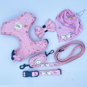 PAWTY IN PINK | Adjustable Dog Harness Set | No Pull | Breathable Material | Pink Dog Accessories | Dog Walking Set | original design