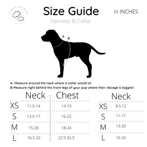 May include: A dog harness and collar size guide, with measurements in inches. The guide shows neck and chest sizes for XS, S, M, and L. A dog silhouette indicates measuring points. Measurements are in inches.