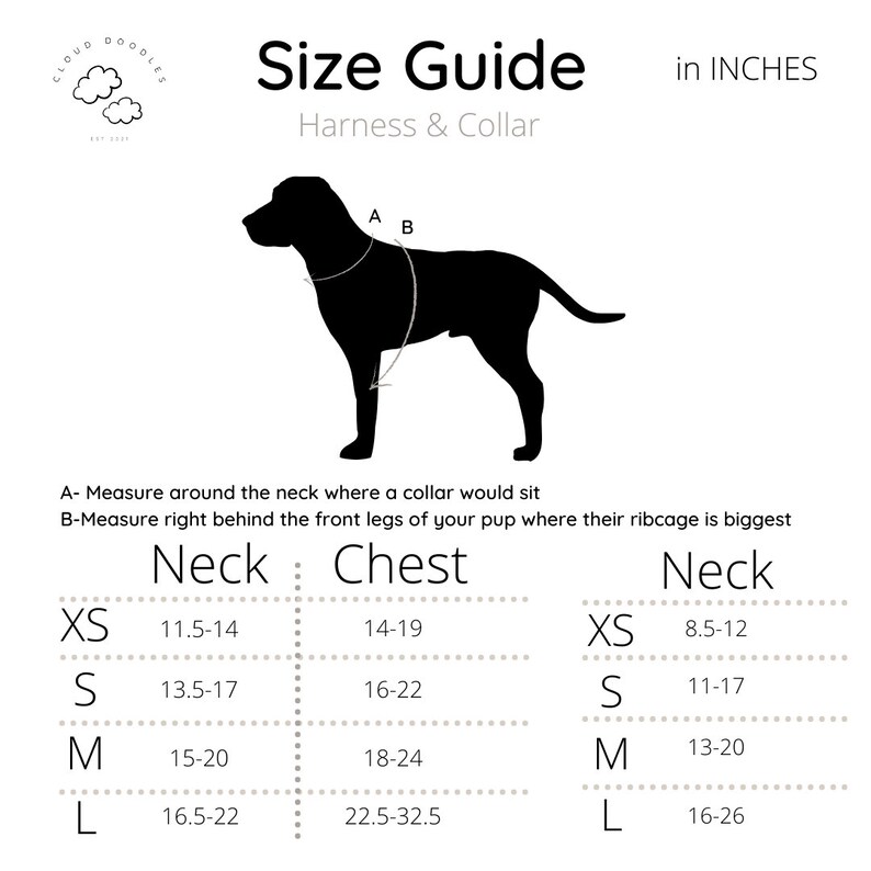 May include: A dog harness and collar size guide, with measurements in inches. The guide shows neck and chest sizes for XS, S, M, and L. A dog silhouette indicates measuring points. Measurements are in inches.