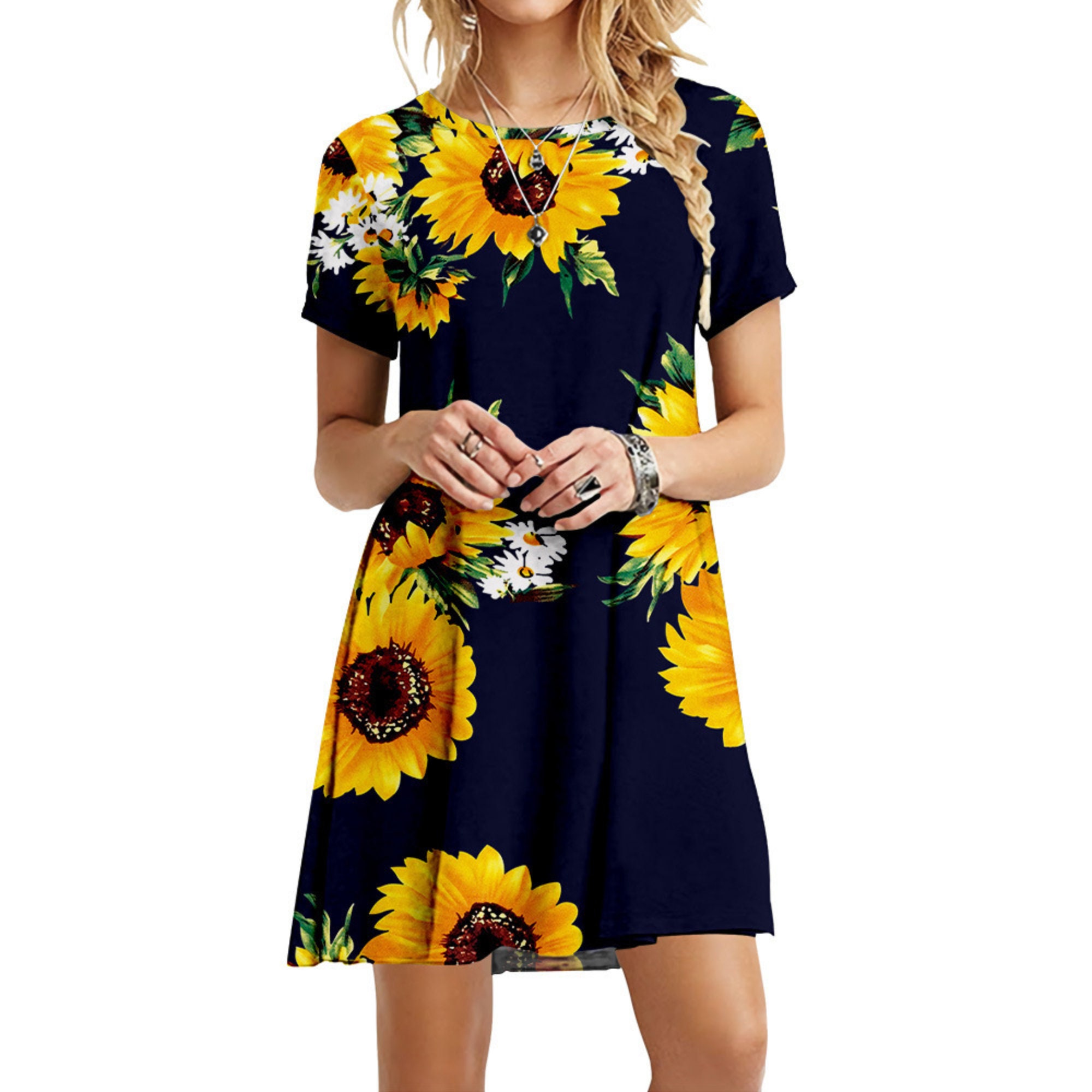 Handmade New Women Boho Sunflower Print Dress Casual Oneck Etsy