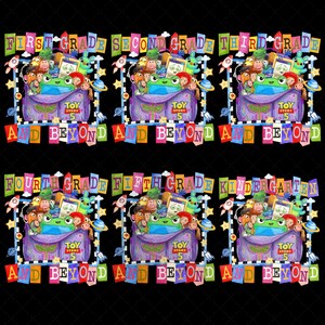 May include: A digital graphic sheet featuring six repeating illustrations of a purple backpack filled with Toy Story 5 characters. Each design includes colorful banners with text for First, Second, Third, Fourth, Fifth Grade, and Kindergarten.
