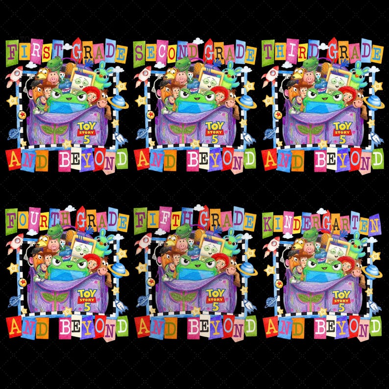 May include: A digital graphic sheet featuring six repeating illustrations of a purple backpack filled with Toy Story 5 characters. Each design includes colorful banners with text for First, Second, Third, Fourth, Fifth Grade, and Kindergarten.