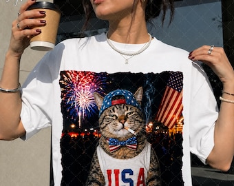 Patriotic Smoking Cat PNG, Funny 4th of July Cat PNG, USA Flag Cat Meme, Independence Day Fireworks Design