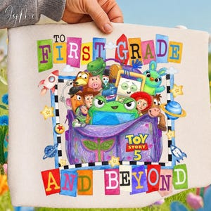 May include: A white fabric pouch featuring a colorful graphic of Toy Story characters emerging from a purple backpack. The text reads TO FIRST GRADE AND BEYOND with the Toy Story 5 logo. The design includes rockets, stars, and planets.