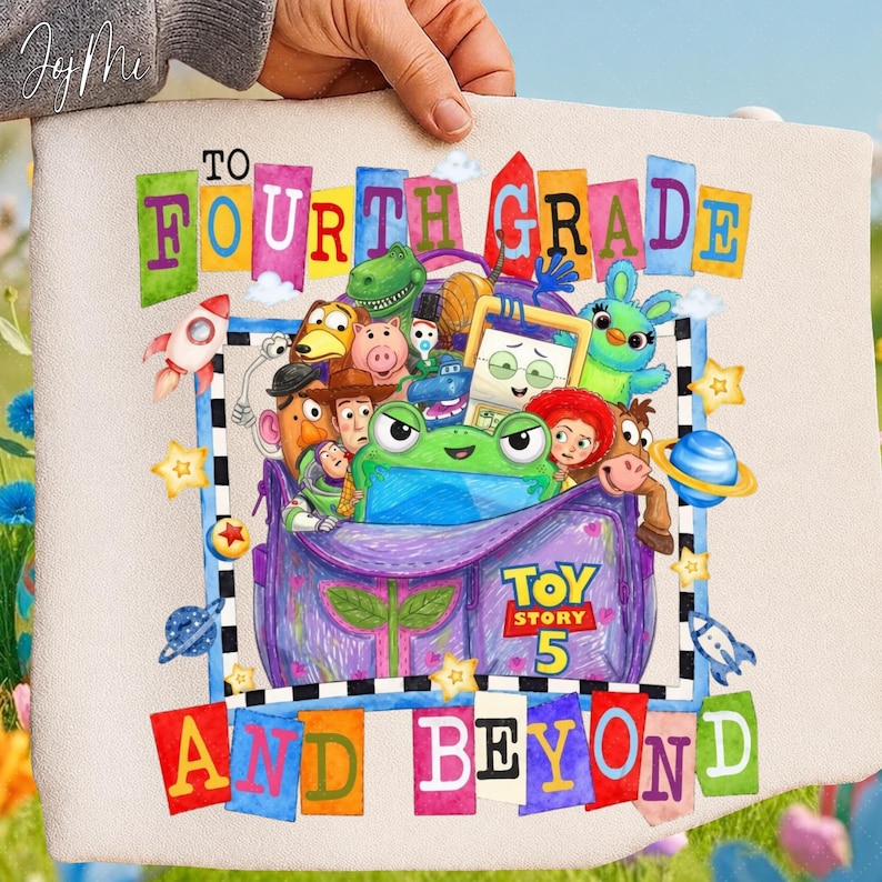May include: A light-colored fabric pouch featuring a colorful graphic of Toy Story characters inside a purple backpack. The text reads TO FOURTH GRADE AND BEYOND with a TOY STORY 5 logo. The design includes rockets, planets, and stars in a vibrant style.