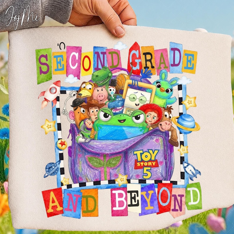 May include: A beige fabric pouch featuring a colorful graphic of Toy Story characters inside a purple bag. The text reads SECOND GRADE AND BEYOND with TOY STORY 5 printed on the bag. The design includes planets, stars, and rockets in a vibrant style.