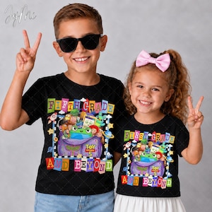 May include: Two black short-sleeved t-shirts featuring a colorful Toy Story graphic. The left shirt displays the text FIFTH GRADE AND BEYOND, while the right shirt displays FIRST GRADE AND BEYOND. Both shirts include a purple backpack filled with characters.