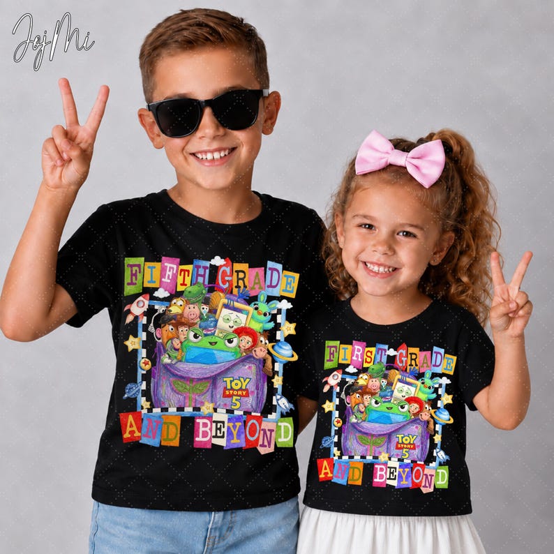 May include: Two black short-sleeved t-shirts featuring a colorful Toy Story graphic. The left shirt displays the text FIFTH GRADE AND BEYOND, while the right shirt displays FIRST GRADE AND BEYOND. Both shirts include a purple backpack filled with characters.