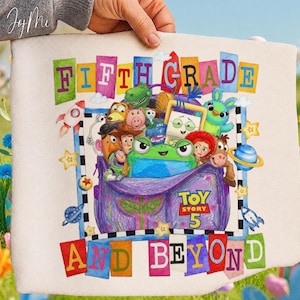 May include: A white canvas pouch featuring a colorful graphic of Toy Story characters inside a purple bag. The text reads FIFTH GRADE AND BEYOND with the Toy Story 5 logo. The design includes stars, planets, and rockets in a vibrant, hand-drawn style.