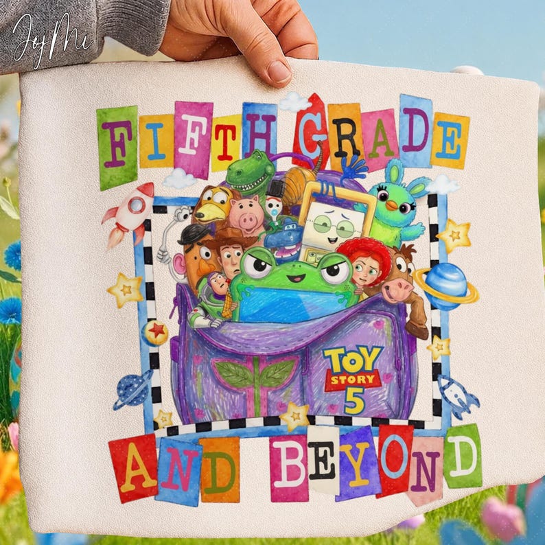May include: A white canvas pouch featuring a colorful graphic of Toy Story characters inside a purple bag. The text reads FIFTH GRADE AND BEYOND with the Toy Story 5 logo. The design includes stars, planets, and rockets in a vibrant, hand-drawn style.