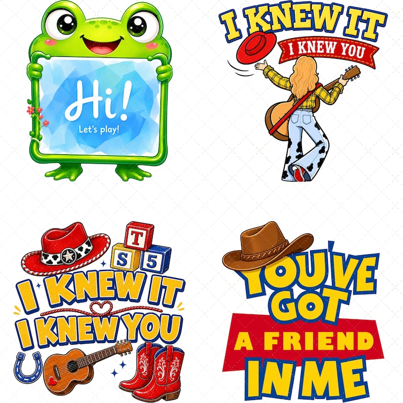 Peut inclure: Un ensemble de quatre illustrations graphiques comprenant une grenouille verte tenant un panneau avec l'inscription Hi! Let's play!, une personne avec une guitare et un chapeau rouge avec le texte I KNEW IT I KNEW YOU, un chapeau de cow-boy rouge, une guitare, des blocs avec du texte, et l'inscription YOU'VE GOT A FRIEND IN ME.