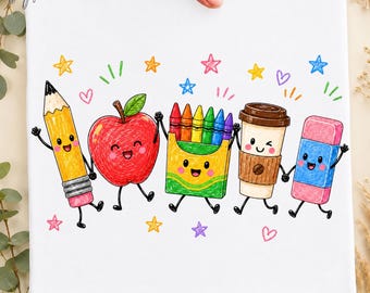 Back to School Png, Cute School Supplies PNG, Teacher Shirt Design, Crayon Apple Pencil Notebook Png, School Png, Digital File