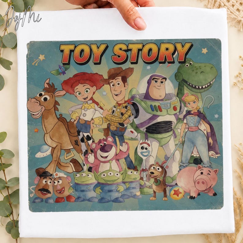 May include: A white t-shirt featuring a colorful graphic print of Toy Story characters including Woody, Buzz Lightyear, Jessie, Bullseye, Rex, Hamm, Slinky Dog, Mr. and Mrs. Potato Head, Forky, and the Aliens against a blue starburst background.