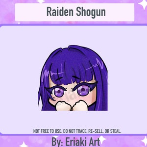 May include: A digital illustration of Raiden Shogun, featuring purple hair and eyes, with a shy expression. The artwork is set against a light purple background with text that reads "Raiden Shogun" and "By: Eriaki Art".
