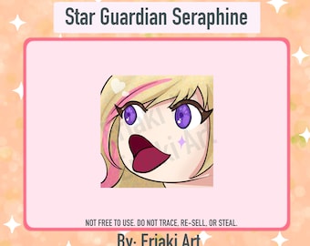May include: Digital illustration of Star Guardian Seraphine, a character with blonde hair, pink highlights, and large purple eyes. The character's mouth is open. The image is set against a pink background with text: "NOT FREE TO USE. DO NOT TRACE, RE-SELL, OR STEAL. By: Eriaki Art."