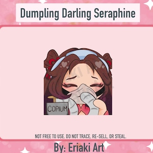 May include: A digital illustration of a cartoon character with brown hair, wearing a blue and white hat, a red shirt, and a white mask. The character is holding a white object in their right hand and a bottle with the word "COPIUM" on it in their left hand. The background is pink with white stars.