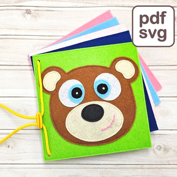 Sensorisches Quiet Buch Muster, DIY Mini Filz Buch Vorlage mit niedlichem Teddybär und interaktiven Formen Seiten für Kleinkinder.