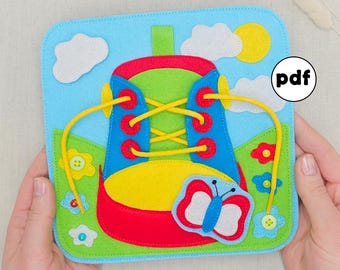 Modello per la pagina del libro tranquillo con i lacci delle scarpe: progetto di cucito in feltro Montessori (modelli PDF)
