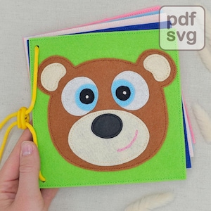 Patrón PDF y SVG de libro sensorial tranquilo, plantilla de minilibro de actividades de fieltro para armar, con osito de peluche y figuras interactivas para niños pequeños.