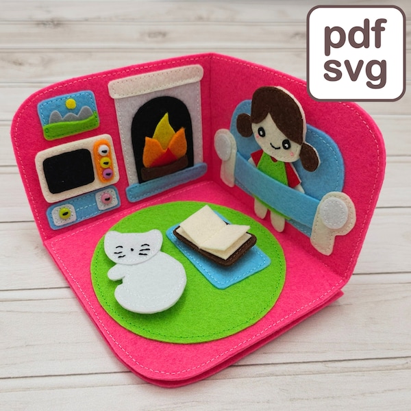 Living Room Quiet Book Pattern, 3D Dollhouse Busy Book PDF & SVG Pattern, Felt Sewing Template for Toddler.