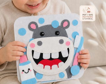 Hippo Quiet Book Pattern, Felt Busy Book PDF SVG, Montessori Brushing Teeth Activity