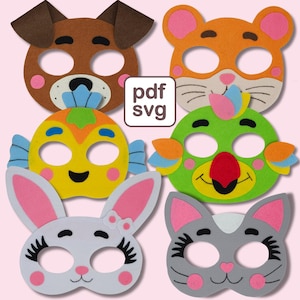 May include: Set of six felt animal masks for kids. The masks feature a dog, cat, fish, bunny, mouse, and bird. The masks are colorful and have friendly faces.