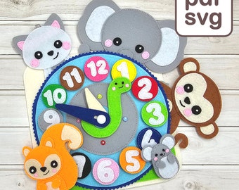 Molde para livro sensorial de relógio de feltro: Atividade Montessori com animais (PDF, SVG)