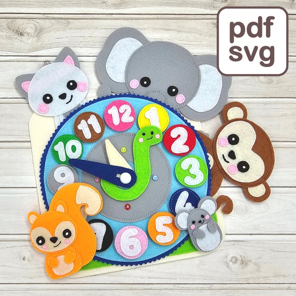 Quiet Book Pattern, Felt Clock with Animals Busy Book Page, Montessori Inspired Sensory Activity Book Sewing Template for Toddler.